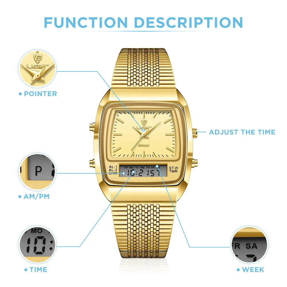 Retro Square Dial Watch for Men - Fashionable Waterproof 30M Dual Display Analog-Digital