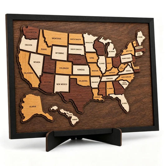50 State Pieces Wooden USA Travel Map Puzzle with Stand