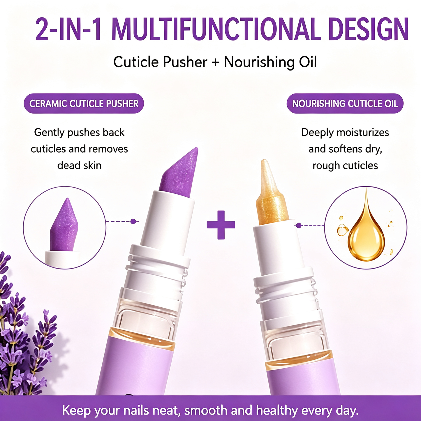 2pcs Nail Care Tool with Ceramic Cuticle Pusher & Moisturizing Oil