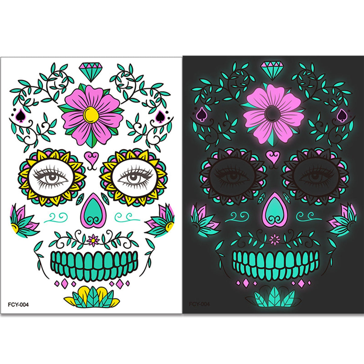 4pcs Halloween Glow Tattoos - UV Reactive Sugar Skull Face Decals