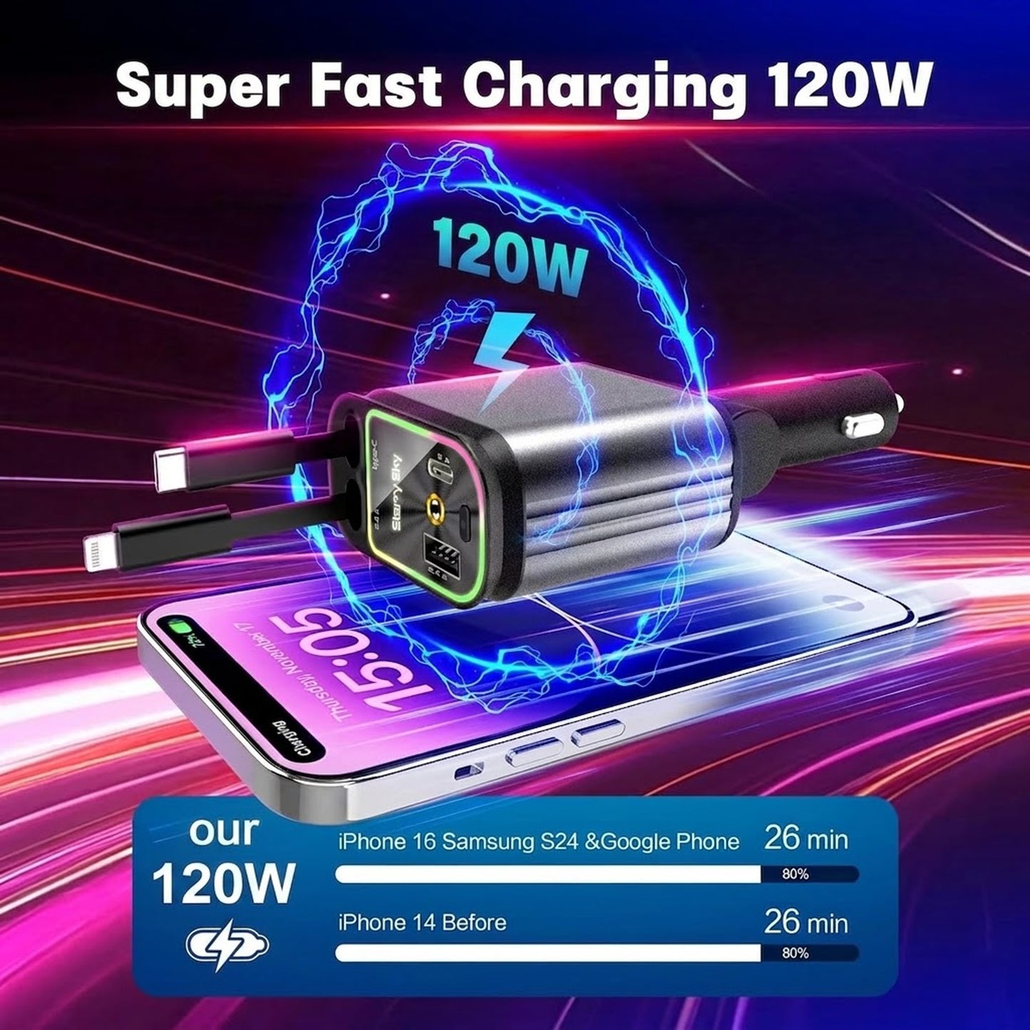 4 in 1 Retractable Car 120W Charger with Starlight