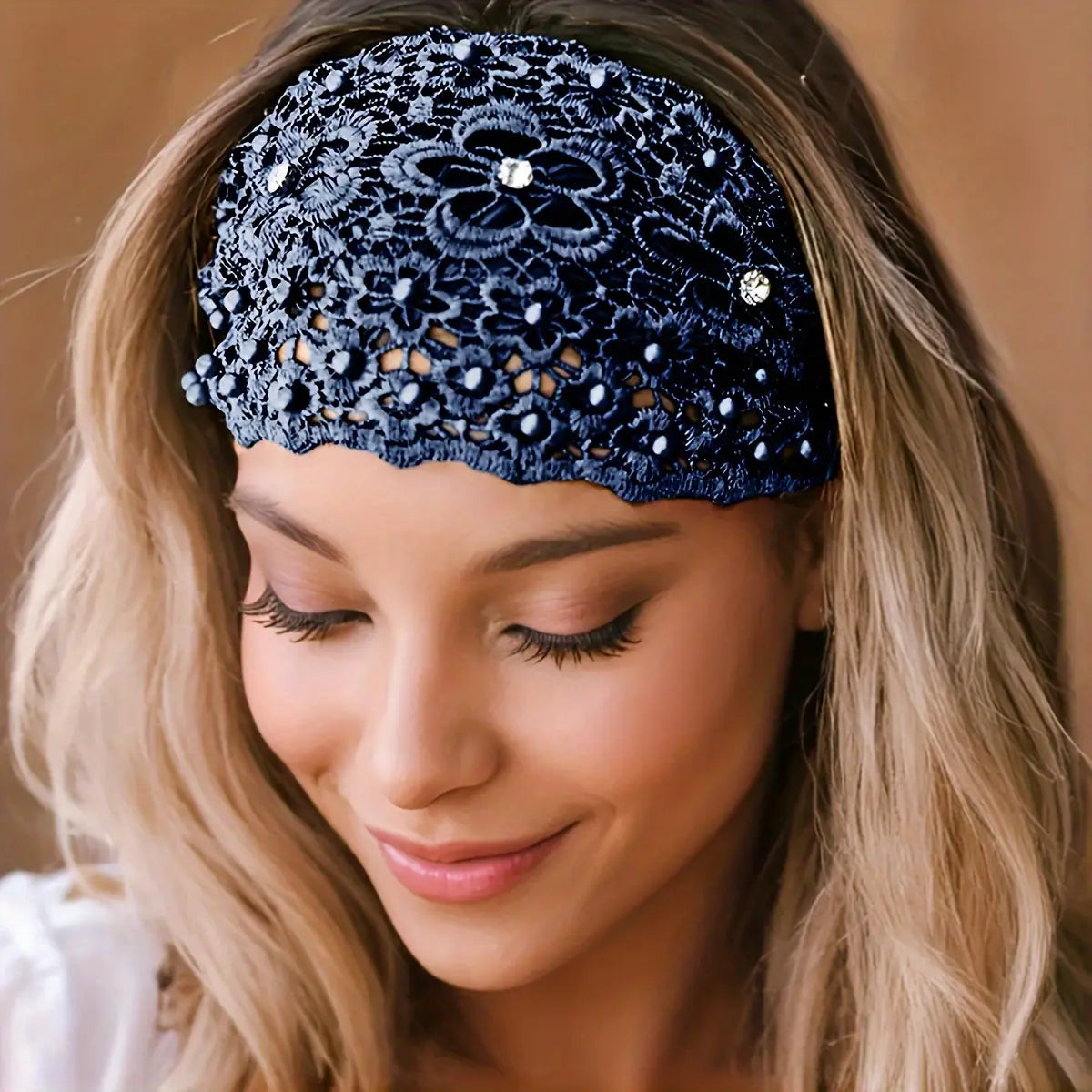6Pcs Vintage Ethnic Floral Bead Lace Headband with Wide Edges