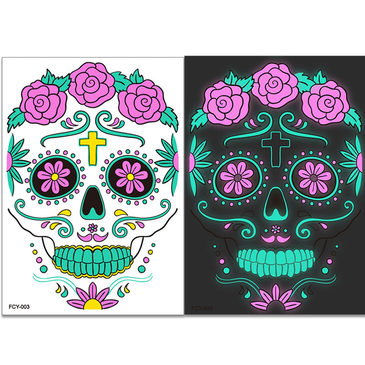 4pcs Halloween Glow Tattoos - UV Reactive Sugar Skull Face Decals