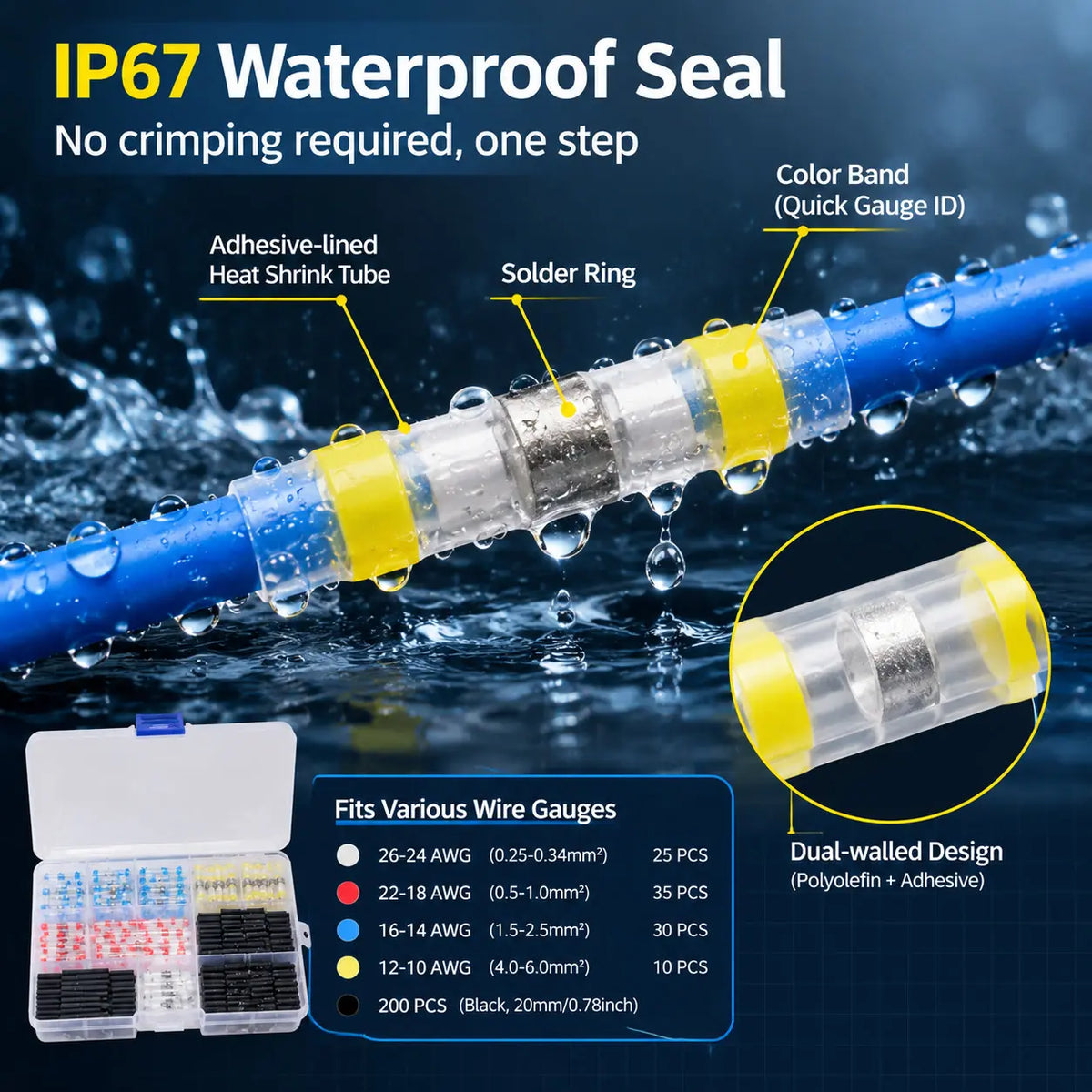 300PCS Solder Seal Heat Shrink Wire Connectors - Quick Splice Wire Butt Terminals