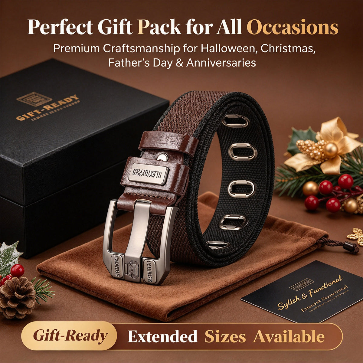Mens Elastic Heavy Duty Alloy Square Buckle Braided Belt, No Hole Adjustable Casual Work Belts