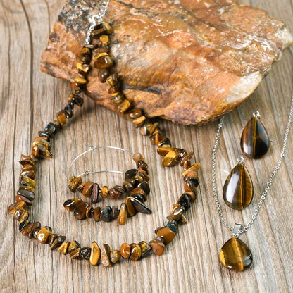 Vintage Tiger Eye Stone Necklace Earrings Jewelry Set