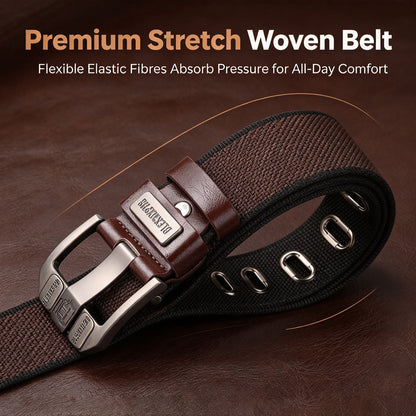 Mens Elastic Heavy Duty Alloy Square Buckle Braided Belt, No Hole Adjustable Casual Work Belts
