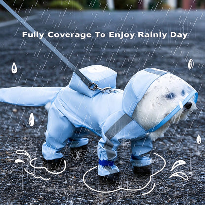 Full Coverage 4 Legs Dog Rain Coat with Hood,Reflective Strips&Leash Hole