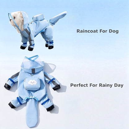 Full Coverage 4 Legs Dog Rain Coat with Hood,Reflective Strips&Leash Hole