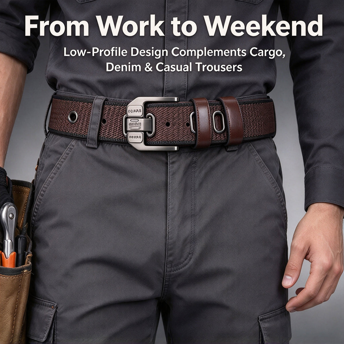 Mens Elastic Heavy Duty Alloy Square Buckle Braided Belt, No Hole Adjustable Casual Work Belts