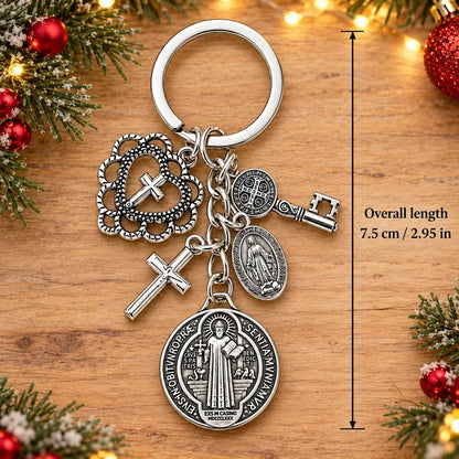 Catholic Religious Charm Key Ring with Cross Pendant , Vintage Saint Benedict Medal Keychain