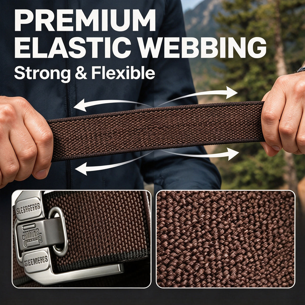 Mens Elastic Heavy Duty Alloy Square Buckle Braided Belt, No Hole Adjustable Casual Work Belts