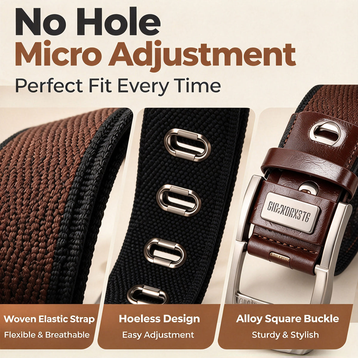 Mens Elastic Heavy Duty Alloy Square Buckle Braided Belt, No Hole Adjustable Casual Work Belts