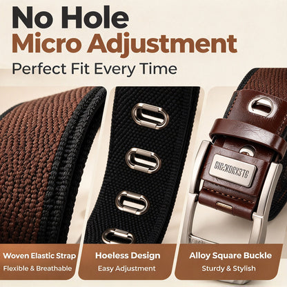 Mens Elastic Heavy Duty Alloy Square Buckle Braided Belt, No Hole Adjustable Casual Work Belts