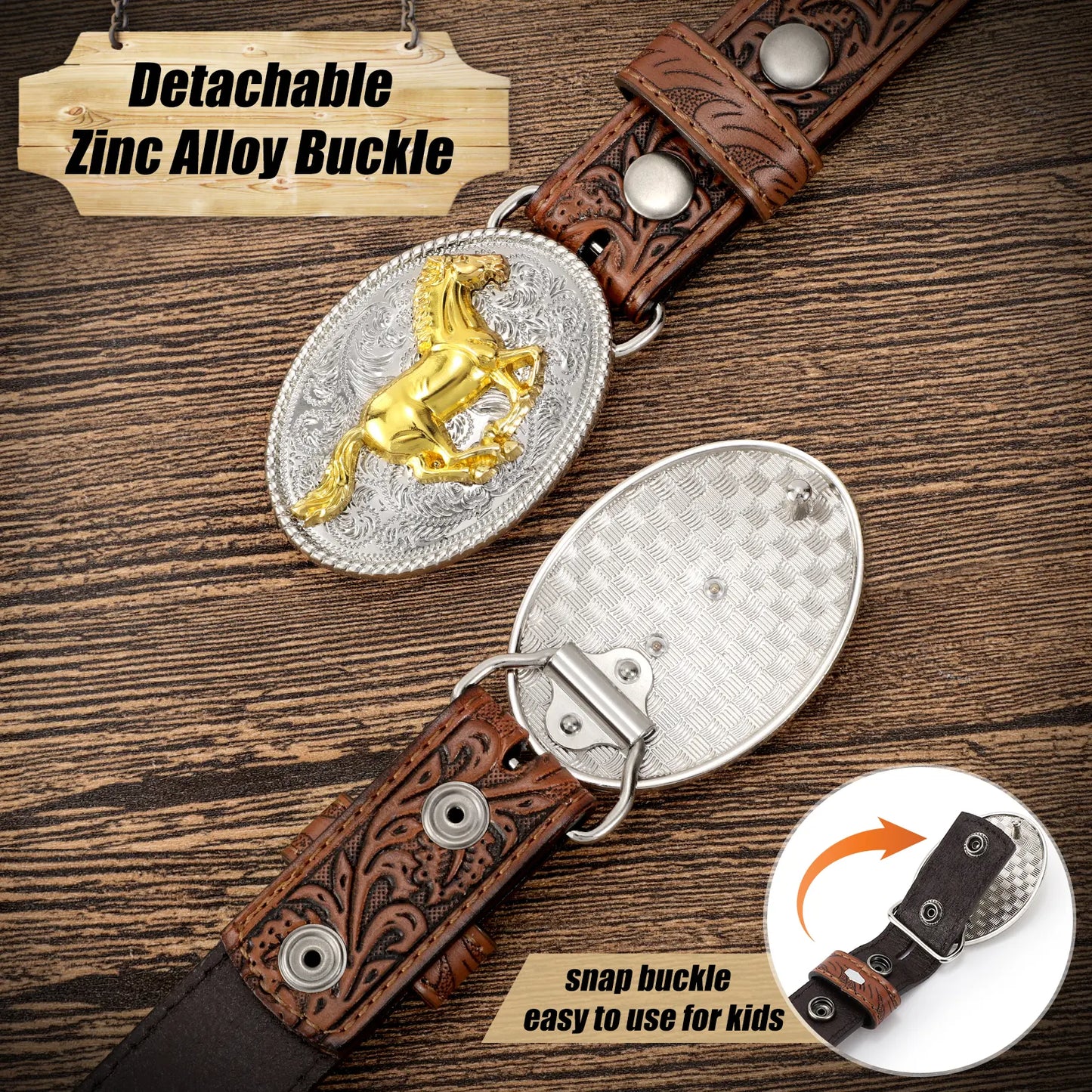 Embossed Cowboy Genuine Leather Kid Western Buckle Belts for Jeans Gifts