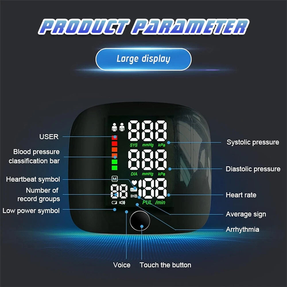 Wrist High Blood Pressure Monitor Automatic LCD Heart Rate Gauge BP Cuff Machine