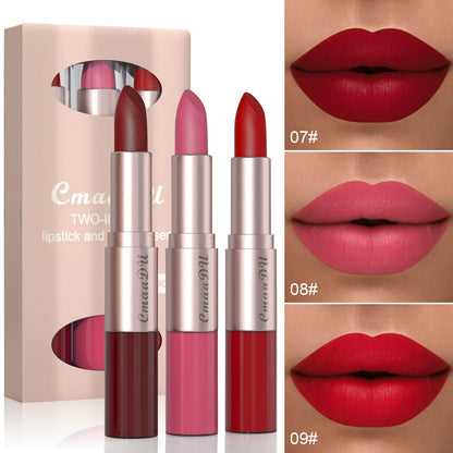 3-Color Long-Lasting Lipstick & Lip Glaze Set – Dual-Ended Design