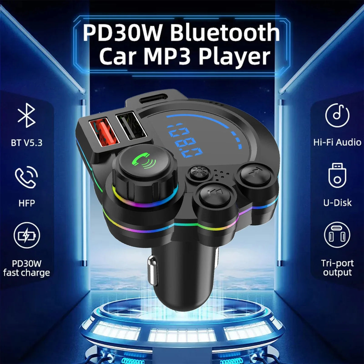 Bluetooth 5.3 FM Transmitter Car Accessory with PD20W Fast & QC3.0 Support Dual USB Charging