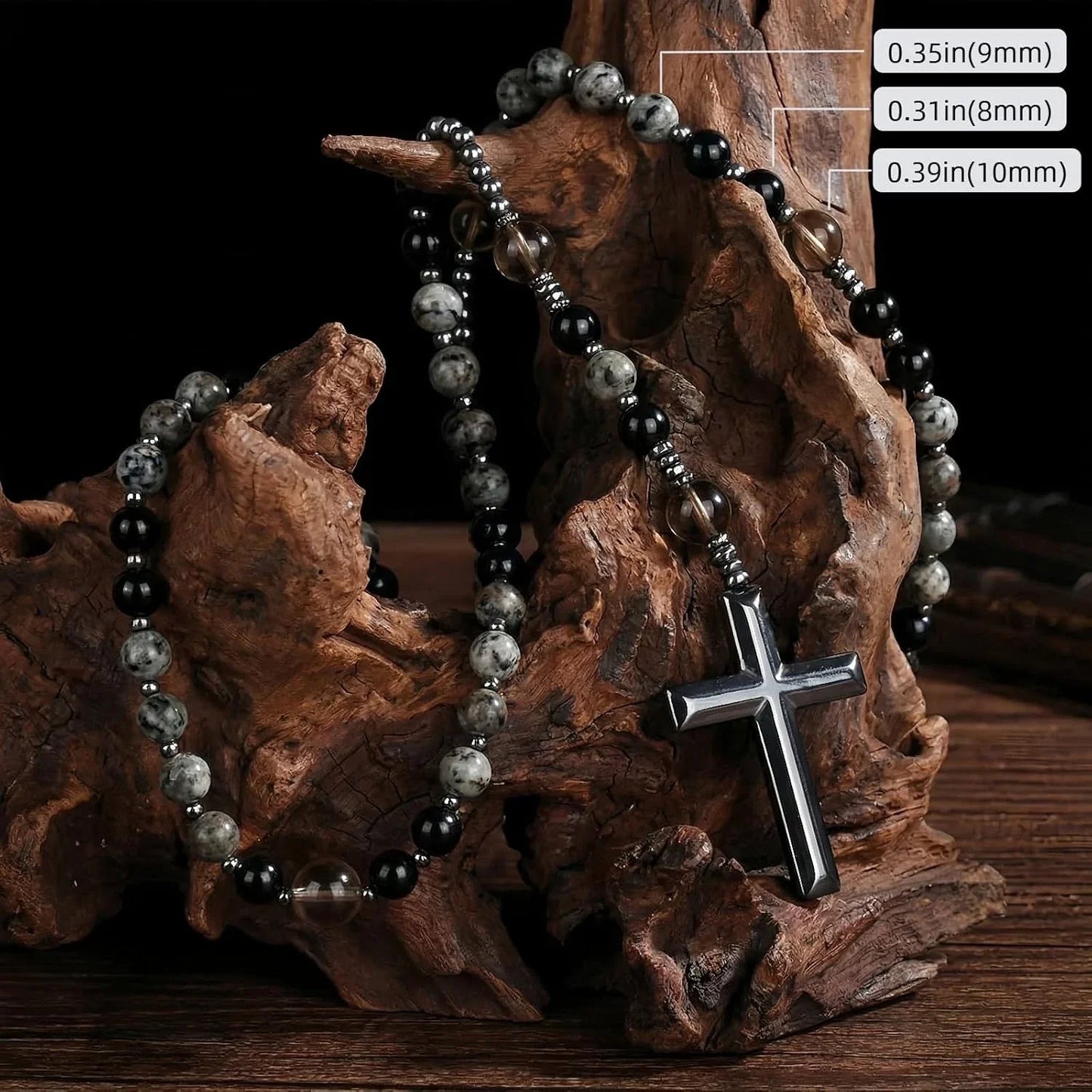 UV Reactive Yooperlite Rosary Necklace with Natural Obsidian Healing Crystal
