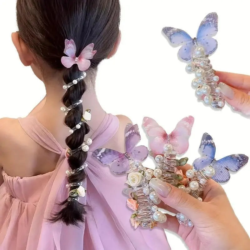 3-Piece Mesh Butterfly Telephone Cord Hair Ties - Beaded Flower Design Hair Accessories Sets