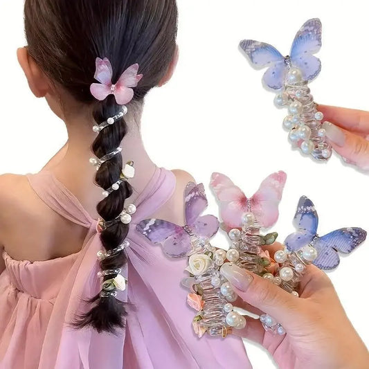 3-Piece Mesh Butterfly Telephone Cord Hair Ties - Beaded Flower Design Hair Accessories Sets
