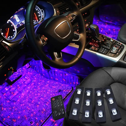 4Pcs Car Atmospheres Lamp LED Interior Foot Stars Light Ambient USB Sound Control