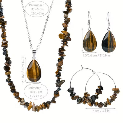 Vintage Tiger Eye Stone Necklace Earrings Jewelry Set
