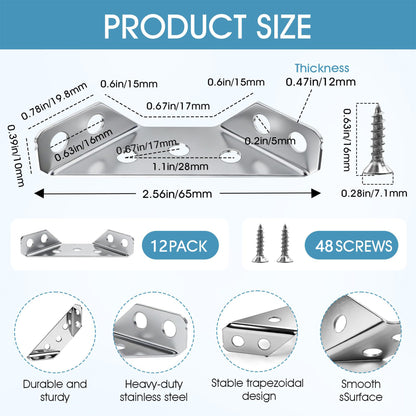 12 Pack Universal Stainless Steel Furniture Corner Connectors with Screws