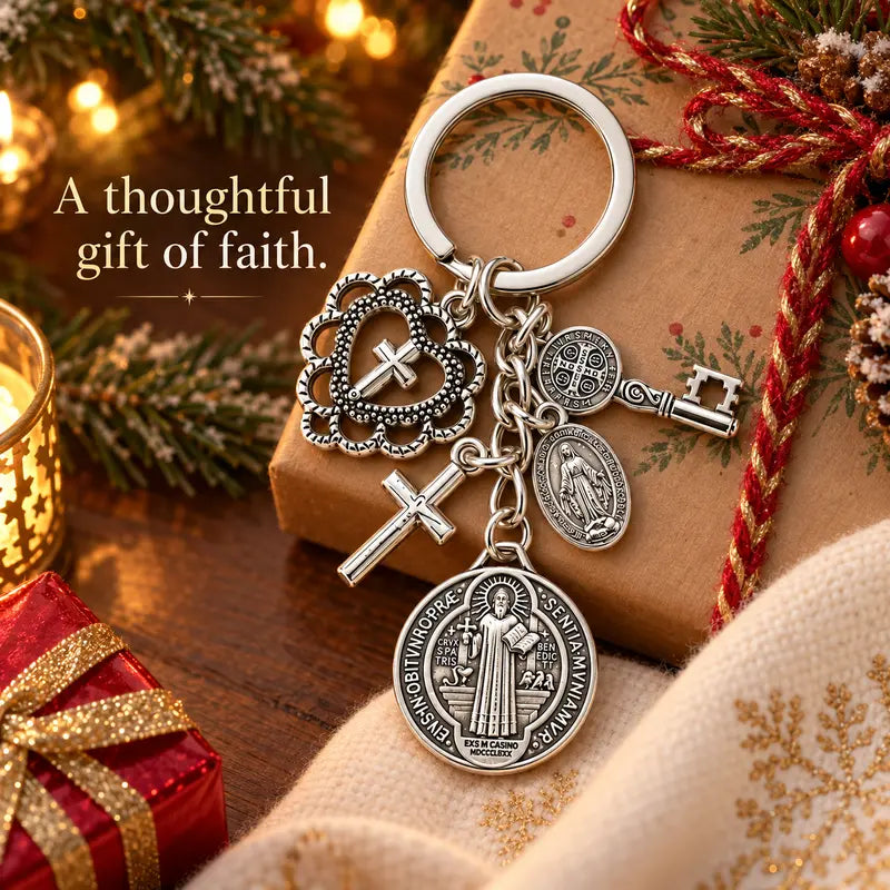 Catholic Religious Charm Key Ring with Cross Pendant , Vintage Saint Benedict Medal Keychain