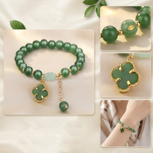 Lucky Green Four-Leaf Clover Bracelet,Attracts Good Luck and Wealth