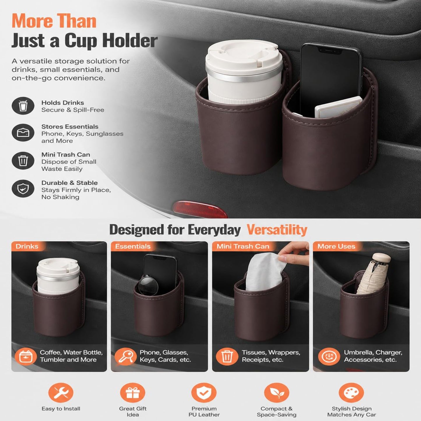 Leather Car Door Cup Holder Wide Mouth Opening, Automotive Accessories Water Bottle Organizer Mount