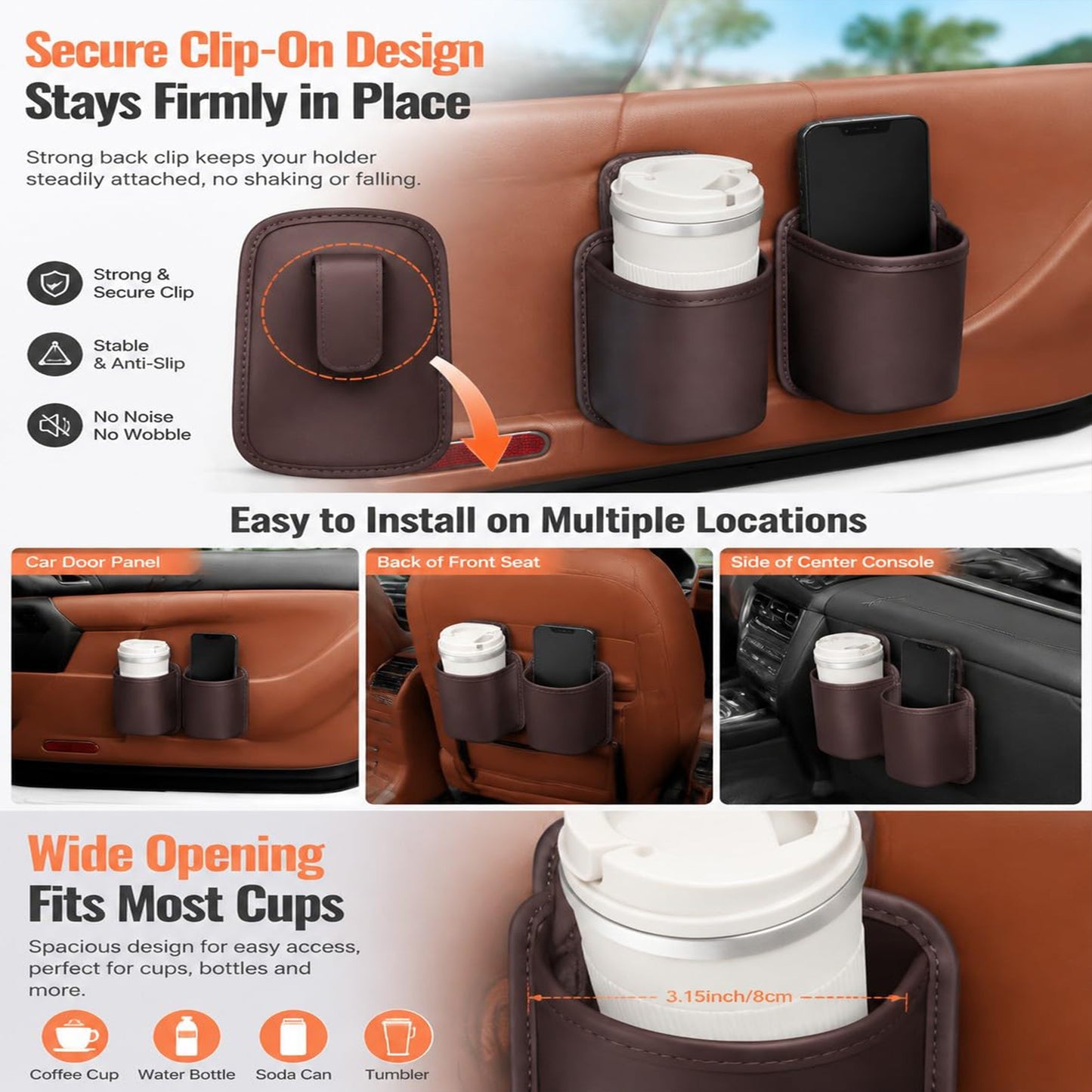 Leather Car Door Cup Holder Wide Mouth Opening, Automotive Accessories Water Bottle Organizer Mount
