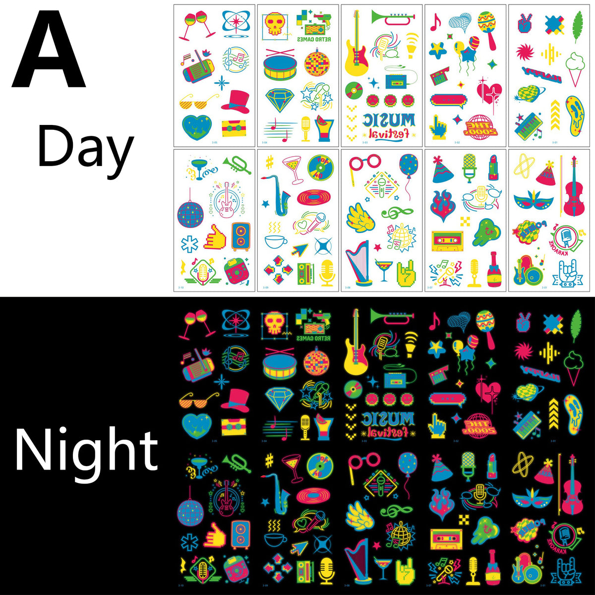 20 Sheets Glow in the Dark UV Blacklight Temporary Tattoos for Adults & Teens