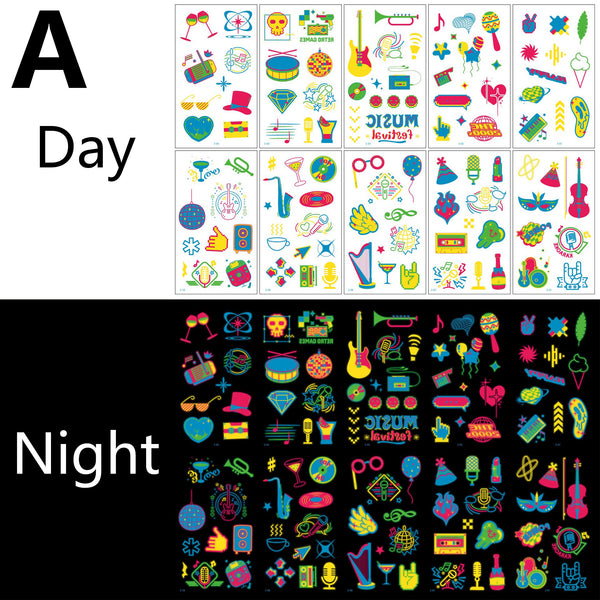 20 Sheets Glow in the Dark UV Blacklight Temporary Tattoos for Adults & Teens