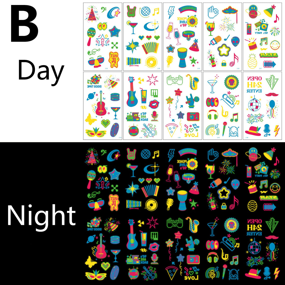 20 Sheets Glow in the Dark UV Blacklight Temporary Tattoos for Adults & Teens