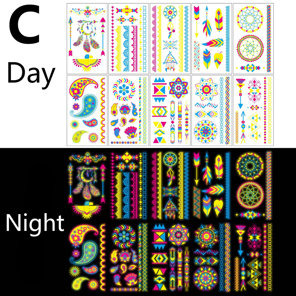 20 Sheets Glow in the Dark UV Blacklight Temporary Tattoos for Adults & Teens