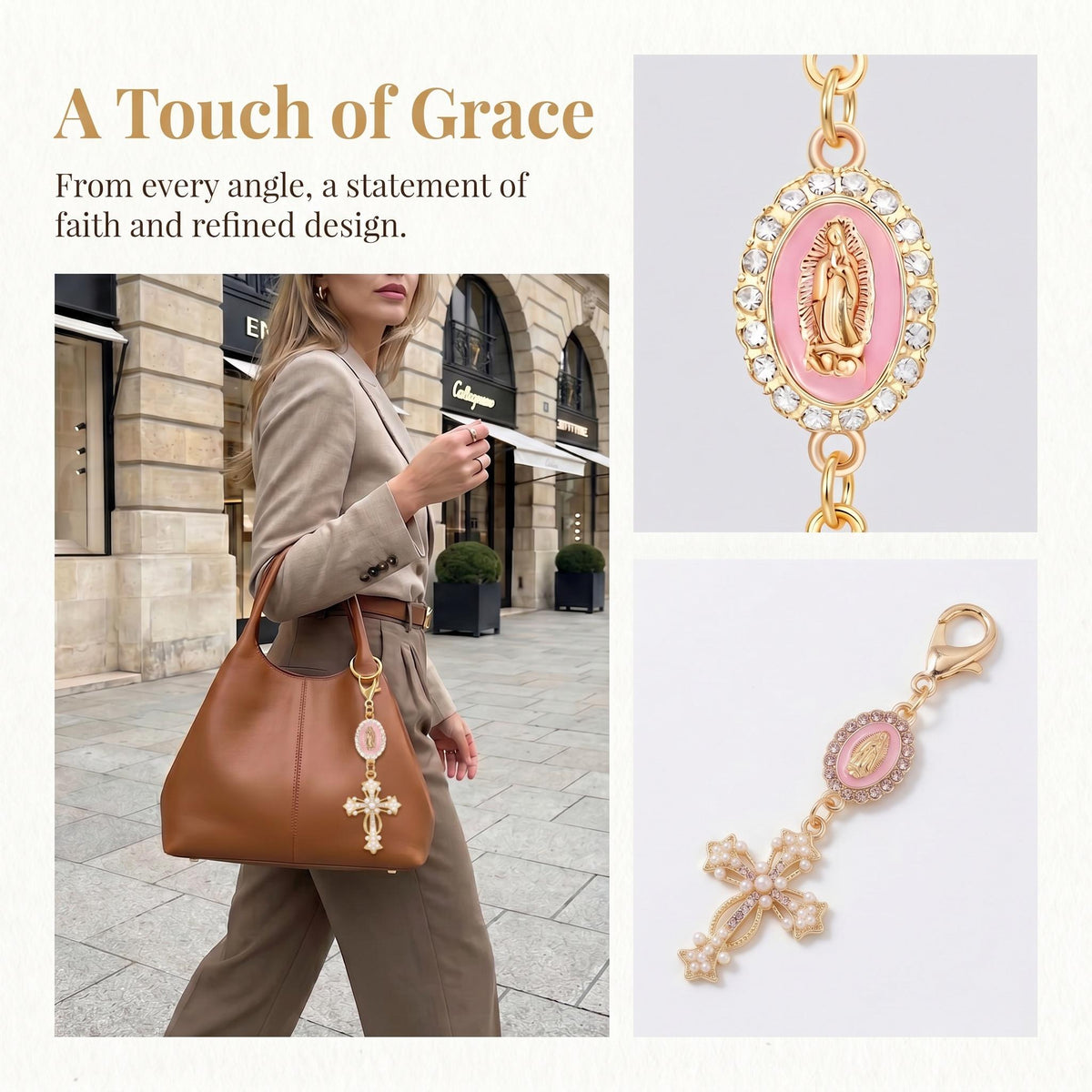 Pearl Cross Pattern Bag Charm Keychain, Vintage Baroque Rhinestone Inlaid Pendant