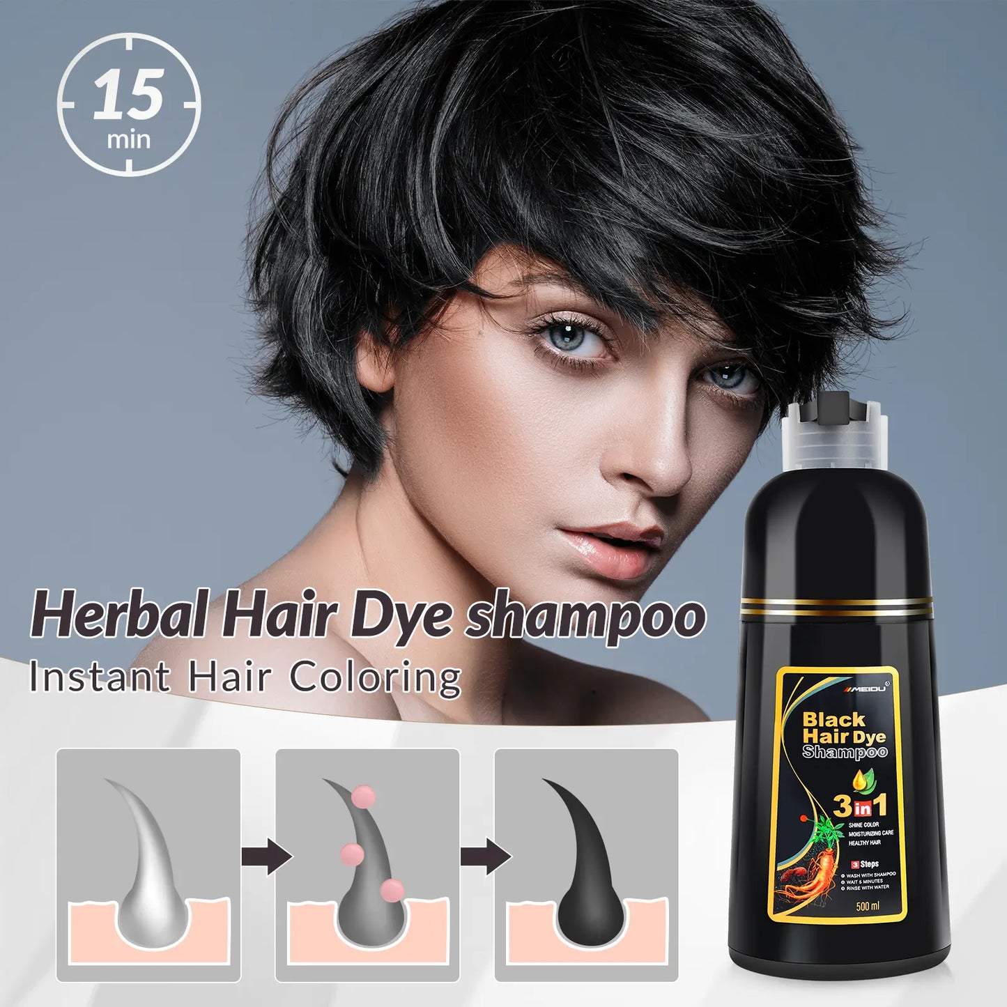 Hair Dye Shampoo 3 in 1,Herbal Ingredients,Contains Ginseng Extract,Can cover gray hairs