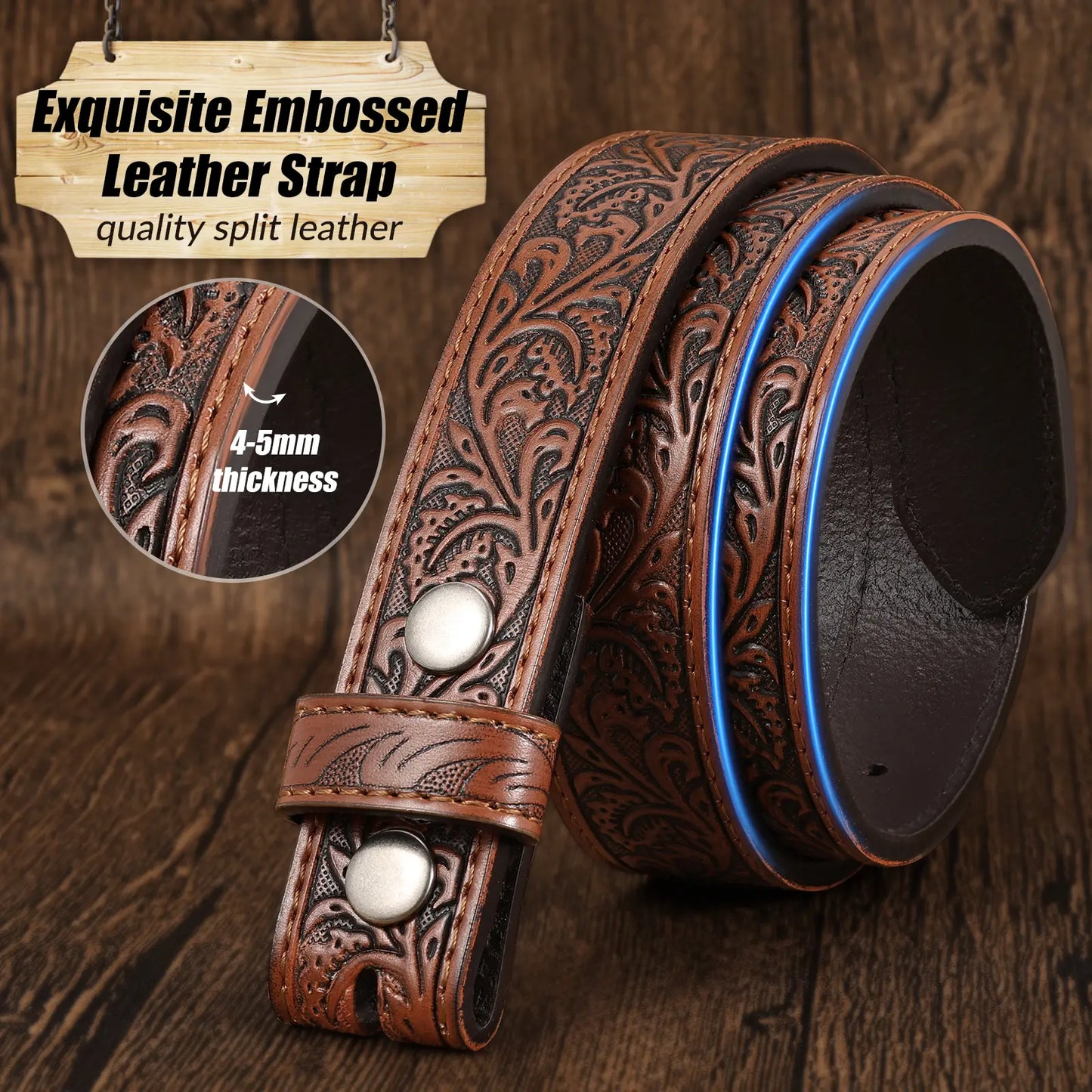 Embossed Cowboy Genuine Leather Kid Western Buckle Belts for Jeans Gifts