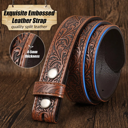 Embossed Cowboy Genuine Leather Kid Western Buckle Belts for Jeans Gifts