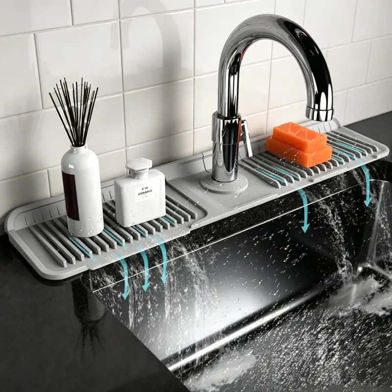 Kitchen Silicone Sink Faucet Mat - Upgraded Angled Fast-Drain