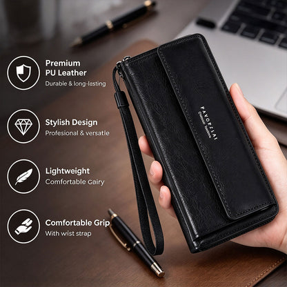 Men's Plain Black Business Style Long PU Leather Wallet - Stylish Clutch with Phone Pocket