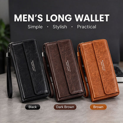 Men's Plain Black Business Style Long PU Leather Wallet - Stylish Clutch with Phone Pocket