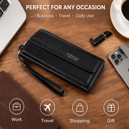 Men's Plain Black Business Style Long PU Leather Wallet - Stylish Clutch with Phone Pocket