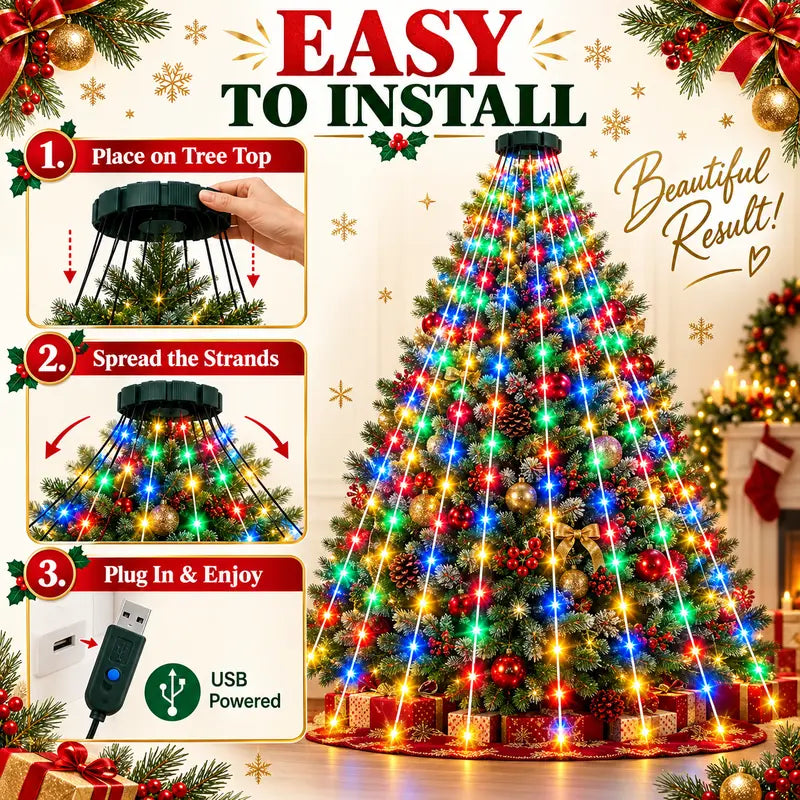 USB-Powered LED Christmas Tree Waterfall String Lights – 8 Lighting Modes