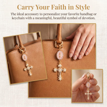 Pearl Cross Pattern Bag Charm Keychain, Vintage Baroque Rhinestone Inlaid Pendant