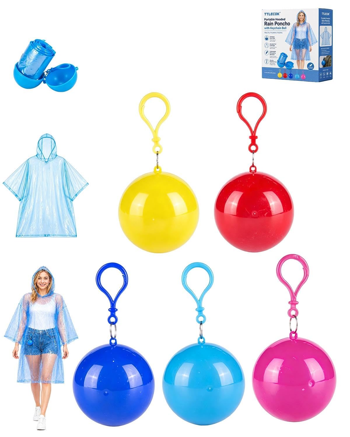 5 Pack Portable Hooded Rain Poncho with Keychain Ball, Waterproof Raincoat with Clip-On Case Disposable Emergency Rain Gear