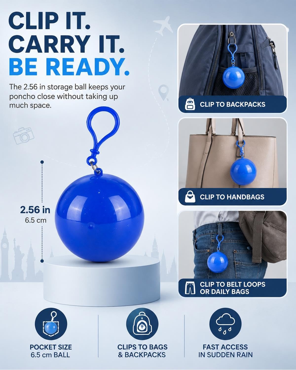 5 Pack Portable Hooded Rain Poncho with Keychain Ball, Waterproof Raincoat with Clip-On Case Disposable Emergency Rain Gear