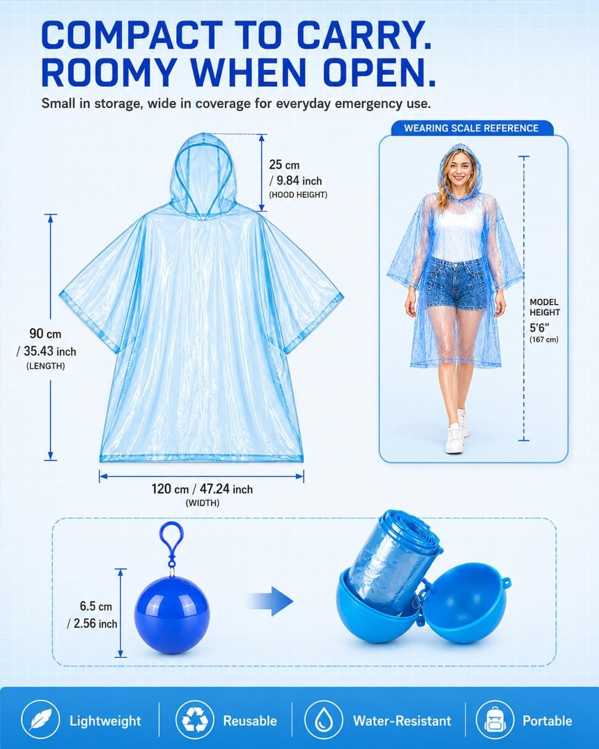 5 Pack Portable Hooded Rain Poncho with Keychain Ball, Waterproof Raincoat with Clip-On Case Disposable Emergency Rain Gear
