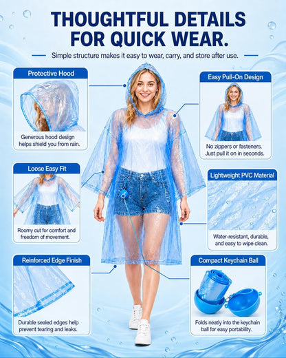 5 Pack Portable Hooded Rain Poncho with Keychain Ball, Waterproof Raincoat with Clip-On Case Disposable Emergency Rain Gear